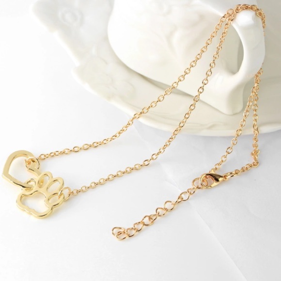Gold Tone Interlocking Heart & Paw Print Necklace - Picture 3 of 7